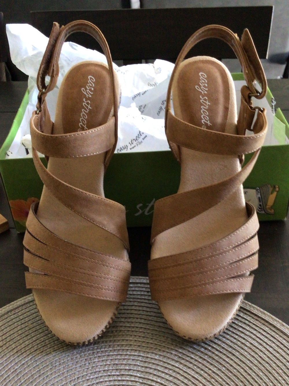 easy street Tan Multi-Strap Women's Wedge Sandals 9 1/2 W - Picture 1 of 7